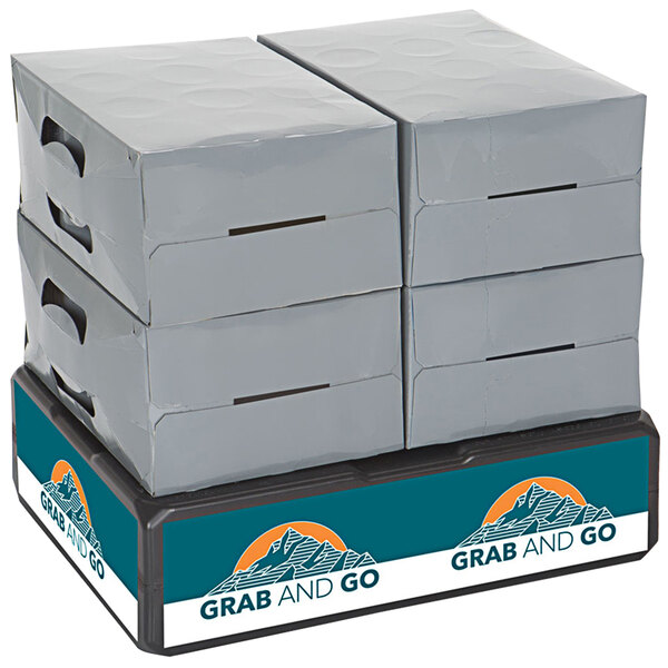 A black tray with a stack of IRP 751 Black Case Stackers with grab and go graphics.