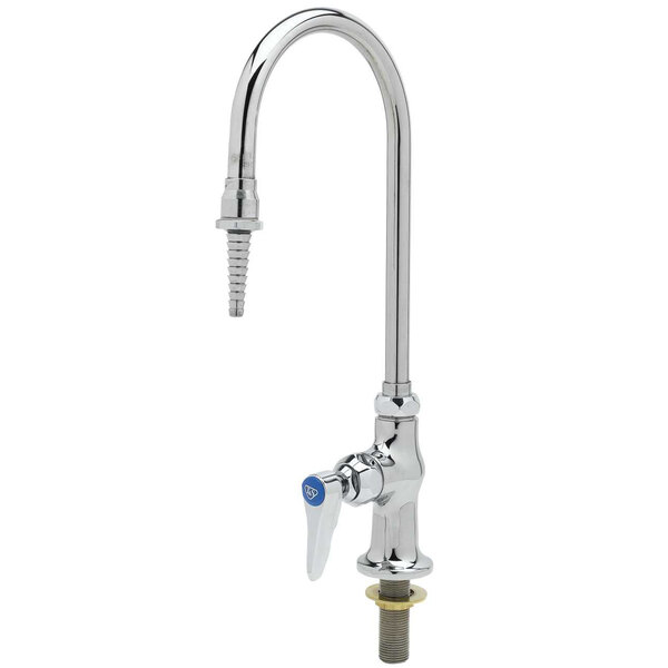 A chrome T&S lab faucet with a gooseneck spout and 4 arm handle.