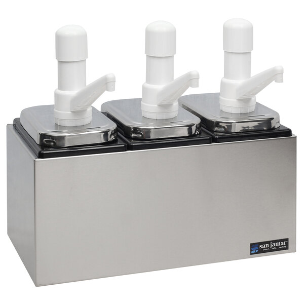 A San Jamar stainless steel condiment pump service center with three white plastic spouts.