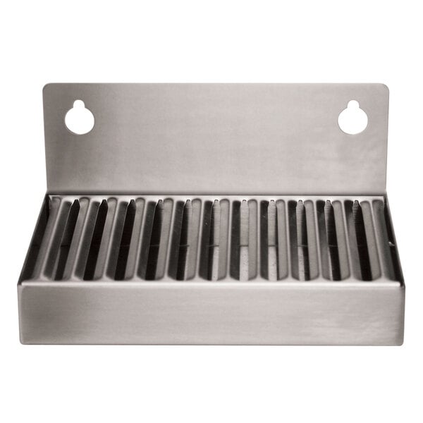 A Micro Matic stainless steel refrigerator drip tray with holes.
