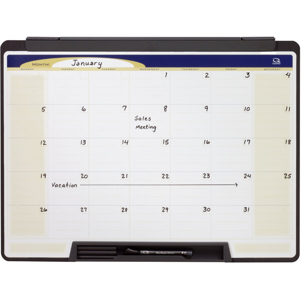 A Quartet portable monthly calendar whiteboard with a black plastic frame and writing on it.