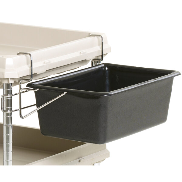 A black plastic bin with a white handle in a black rectangular holder.