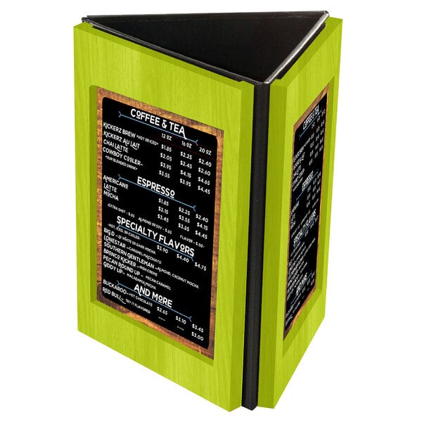 A wooden table tent with three lime green panels holding a black menu on a table.