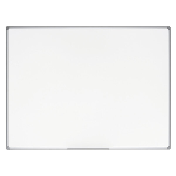 A white board with a silver metal frame.
