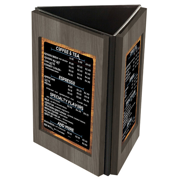 A Menu Solutions wooden table tent holding a menu on a wood stand.