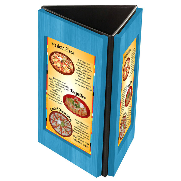 A sky blue wooden table tent with three sides for menus.