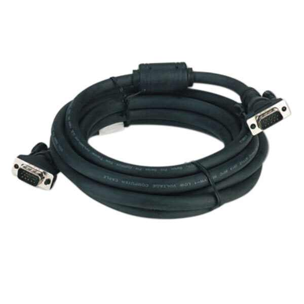A close-up of a black Belkin VGA monitor cable with two HD15 male connectors.