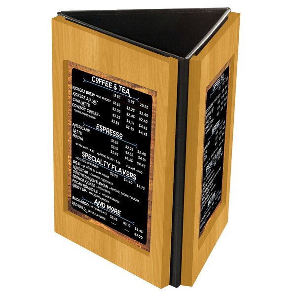 A Menu Solutions Charleston wooden table tent on a counter.