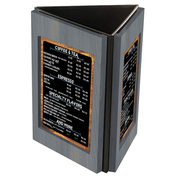 A Menu Solutions wooden table tent with a menu on a wood stand.