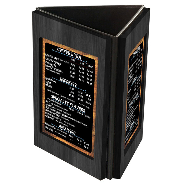 A black Menu Solutions wooden table tent with three views.