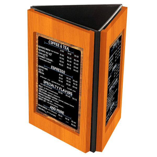 A Menu Solutions wooden table tent with three views holding a menu on a table.