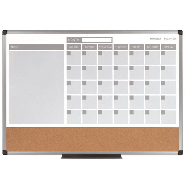 A white rectangular MasterVision whiteboard with a calendar and black border.