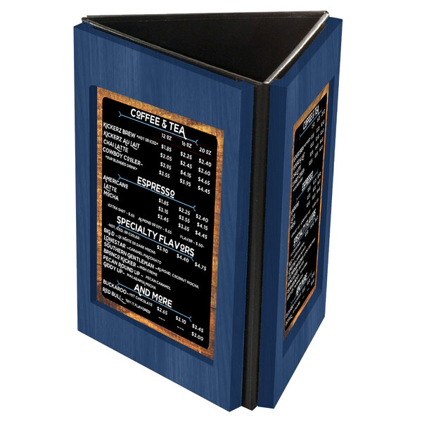 A blue wooden Menu Solutions table tent holding a menu on a table.