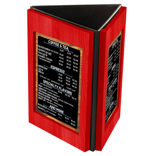 A red wood table tent with three panels holding a menu with black text.