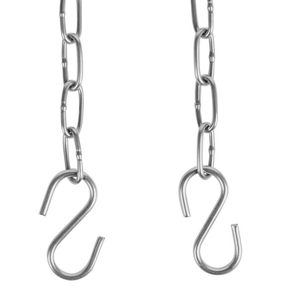 A chain with two hooks hanging from it.