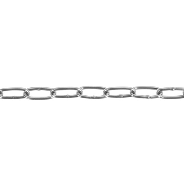A close-up of Avantco strip warmer support chains with a silver finish.