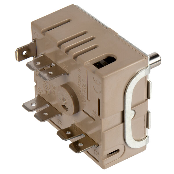 An Avantco brown infinite switch with two wires.