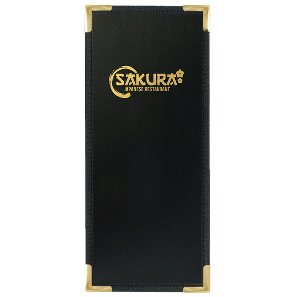 A black leather rectangular menu cover with gold trim and yellow text.
