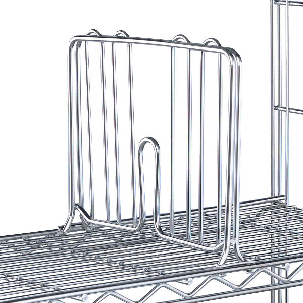 A Metro chrome wire shelf divider on a metal shelf.