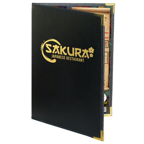 A black Menu Solutions Royal Select Series leather-like menu cover with gold text.