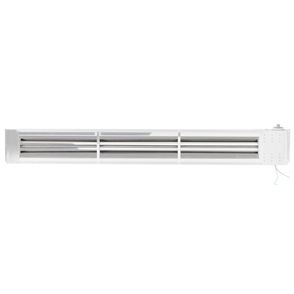 A white heating element with metal venting.