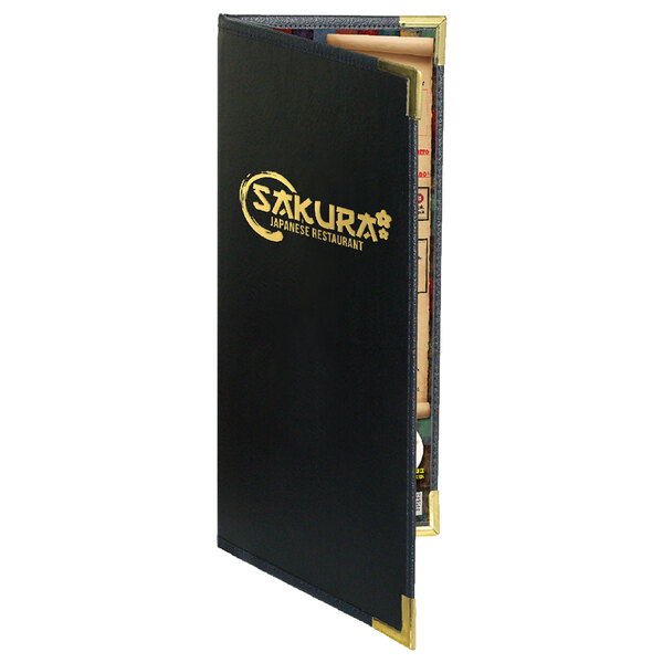 A black Menu Solutions Royal Select leather-like menu cover with gold text.