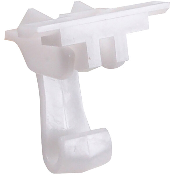 A close-up of a white plastic clip for a fluorescent light cover.