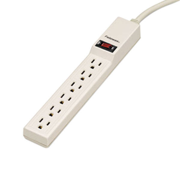 A close-up of a Fellowes platinum power strip with a white cable and 6 outlets.
