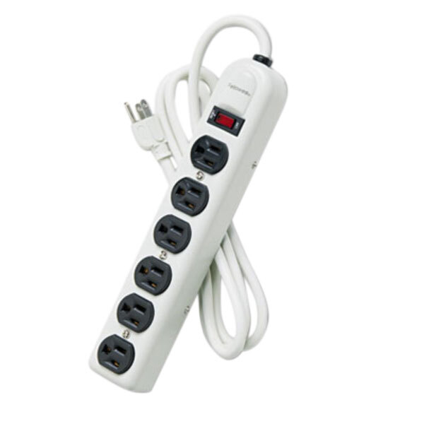 A white metal Fellowes power strip with six black outlets and a black cord.
