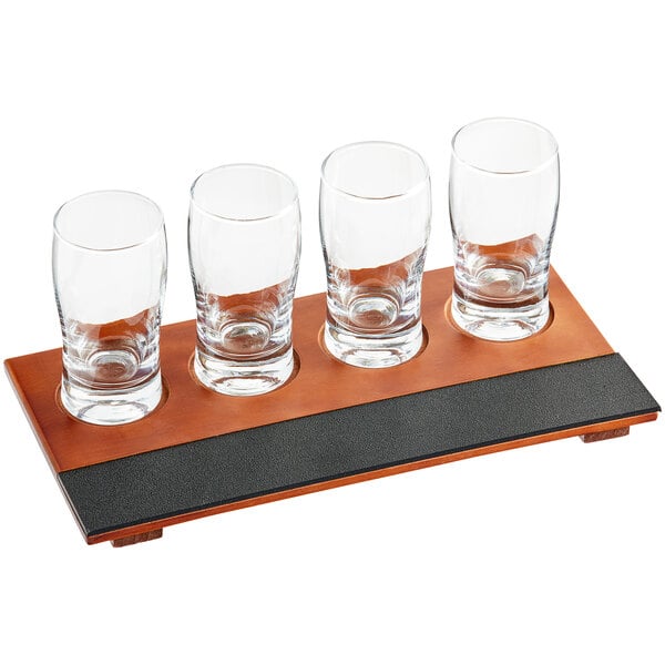 Acopa Natural Flight Tray with 6 oz. Stemless Wine Tasting Glasses