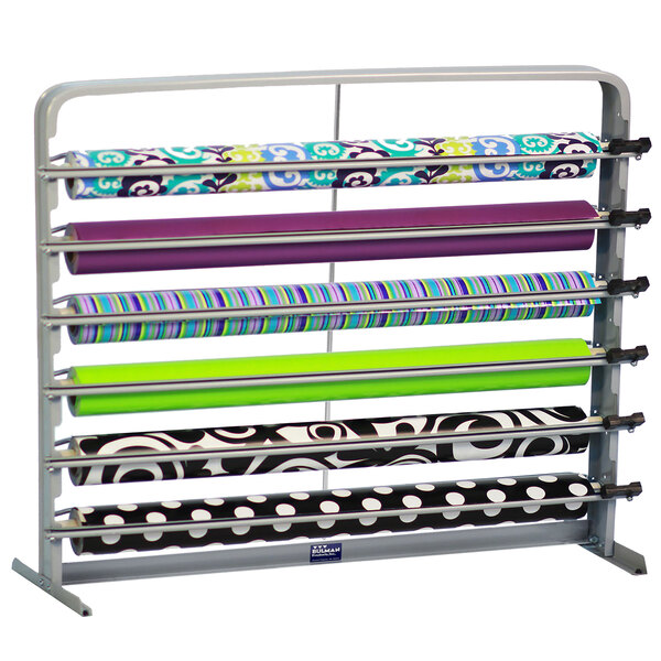 A gray Bulman paper cutter rack holding 6 rolls of wrapping paper.