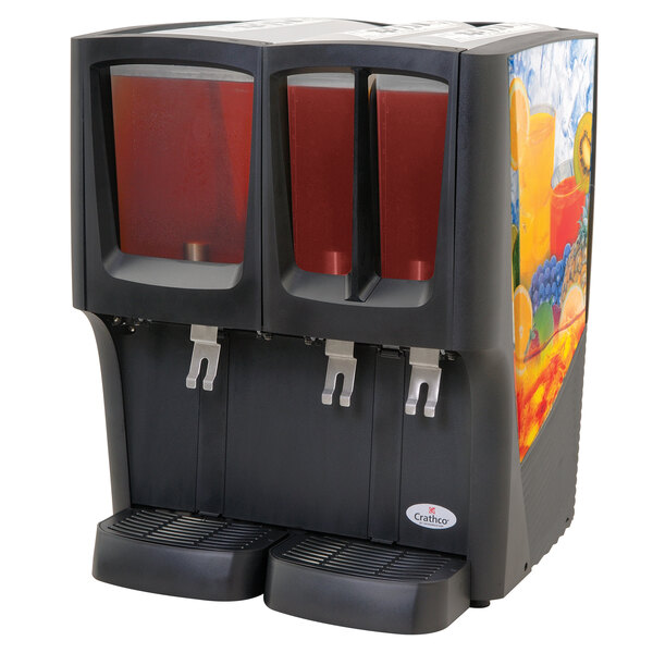 A black Crathco refrigerated beverage dispenser with red and clear drinks.