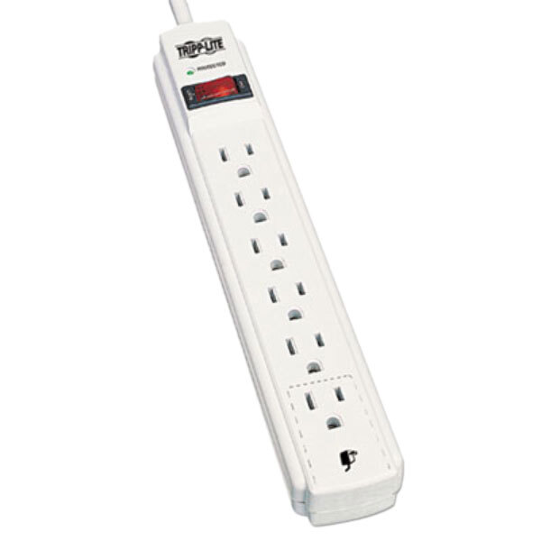 A close-up of a light gray Tripp Lite surge protector with red lights on it.