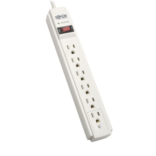 A light gray Tripp Lite surge protector with a red light.