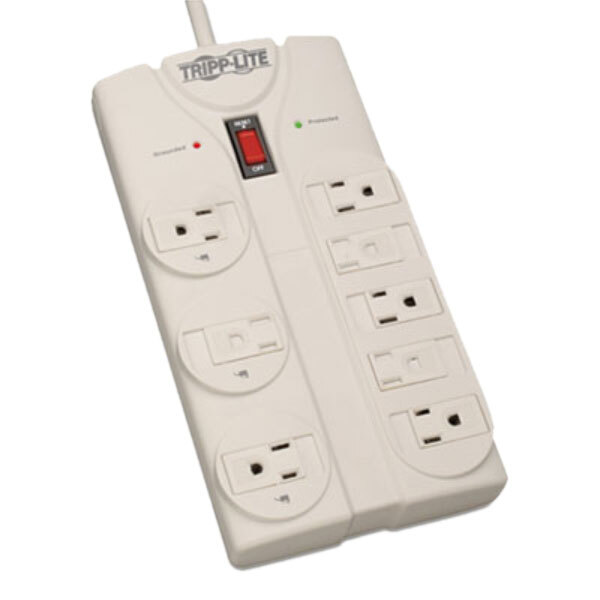 A light gray Tripp Lite surge protector with eight outlets and a red button.