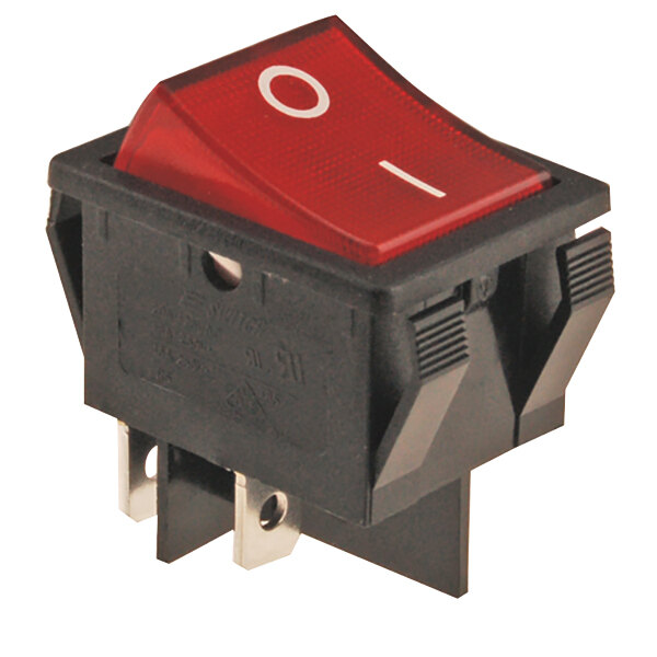 A red lighted rocker switch with a white circle on the center.