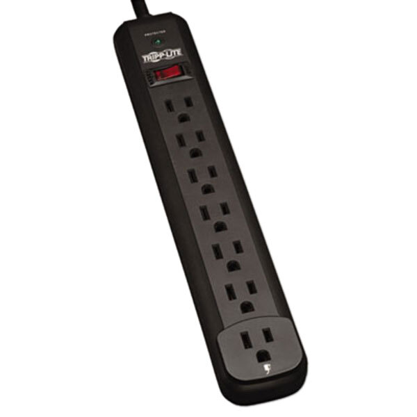 A close-up of a black Tripp Lite power strip with multiple outlets.