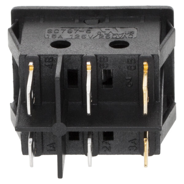 An Avantco black rocker switch with gold terminals.