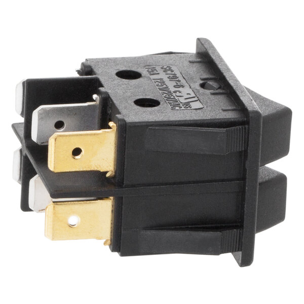 An Avantco black and gold On / Off switch with gold and silver colored terminals.