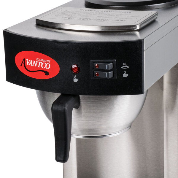 An Avantco On / Off switch on a stainless steel coffee maker with a red handle.