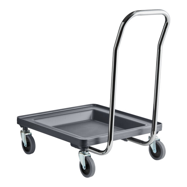 A gray dish rack and glass rack dolly with a 31-inch handle and four swivel casters.
