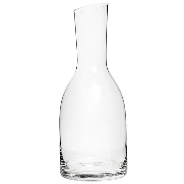A clear glass carafe with a straight neck.
