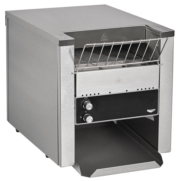 A stainless steel Vollrath conveyor toaster with a small opening on a counter.