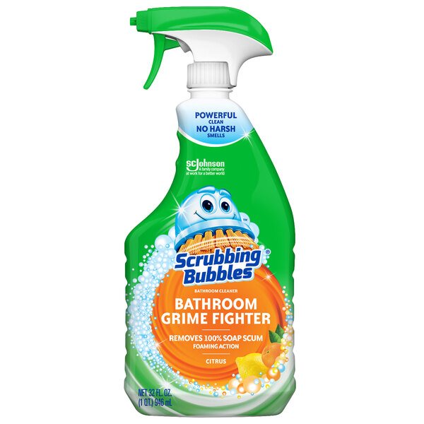 A green and white bottle of SC Johnson Scrubbing Bubbles multi-surface bathroom cleaner.