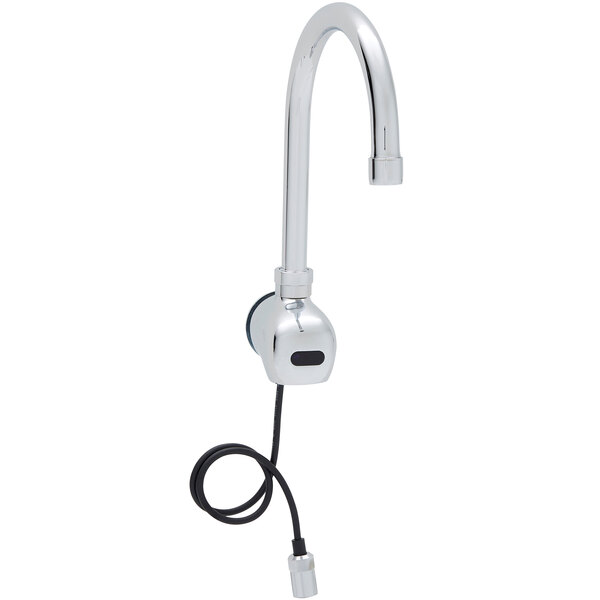 A close-up of a Fisher wall-mounted hands-free sensor faucet with a gooseneck spout.