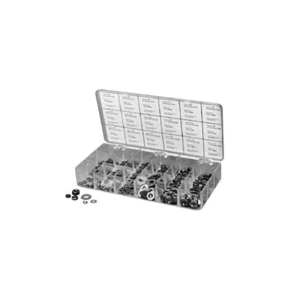 A plastic container with various metal nuts and washers.