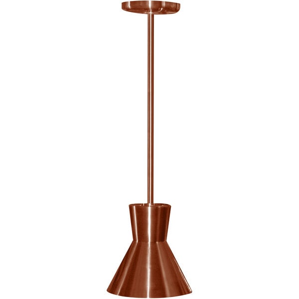 A Hanson Heat Lamp with a copper lamp shade hanging from a long brown pole.