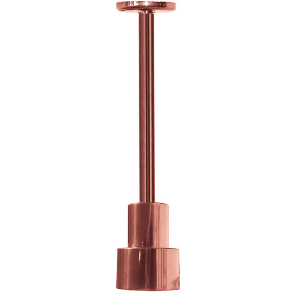 A Hanson Heat Lamps ceiling mount heat lamp with a bright copper finish and a metal handle.
