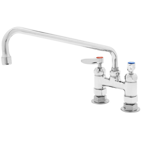 A chrome T&S deck-mounted pantry faucet with lever handles and a 12" swing nozzle.