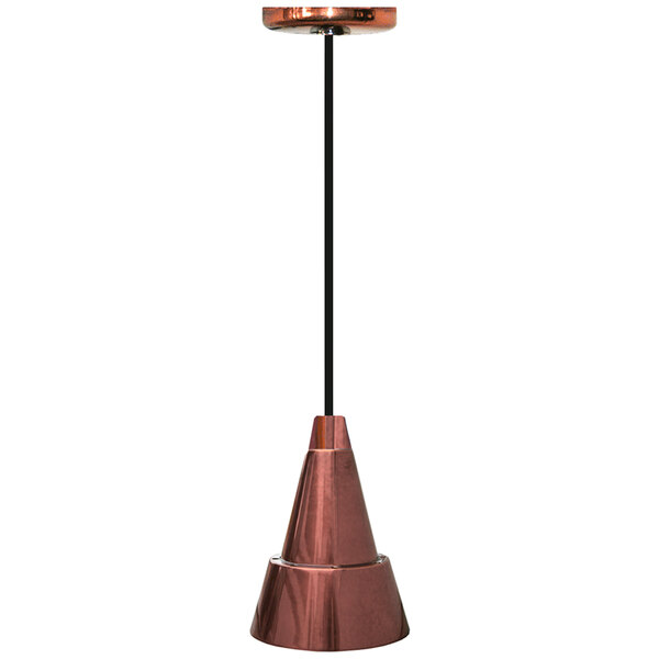 A Hanson Heat Lamp with a bright copper cone hanging from a black pole.